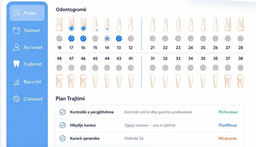 iPacienti dental dashboard with the odontogram and a treatment plan listing completed, planned and in-progress items