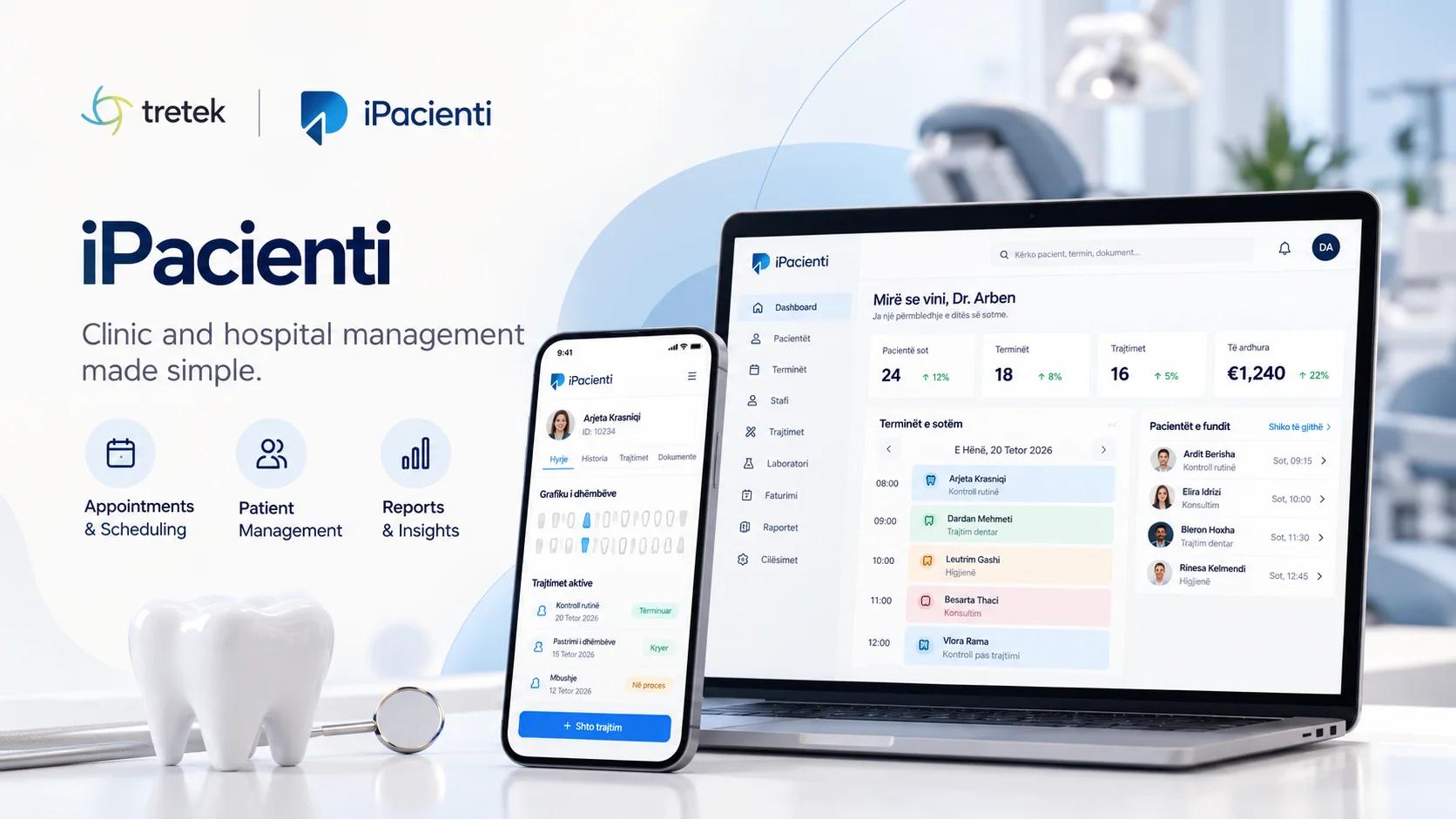 iPacienti: clinic and hospital management made simple, shown on a laptop and a phone