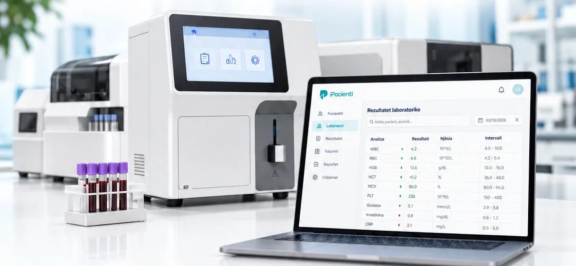 iPacienti laboratory results screen listing blood values with units and reference intervals, beside a haematology analyser
