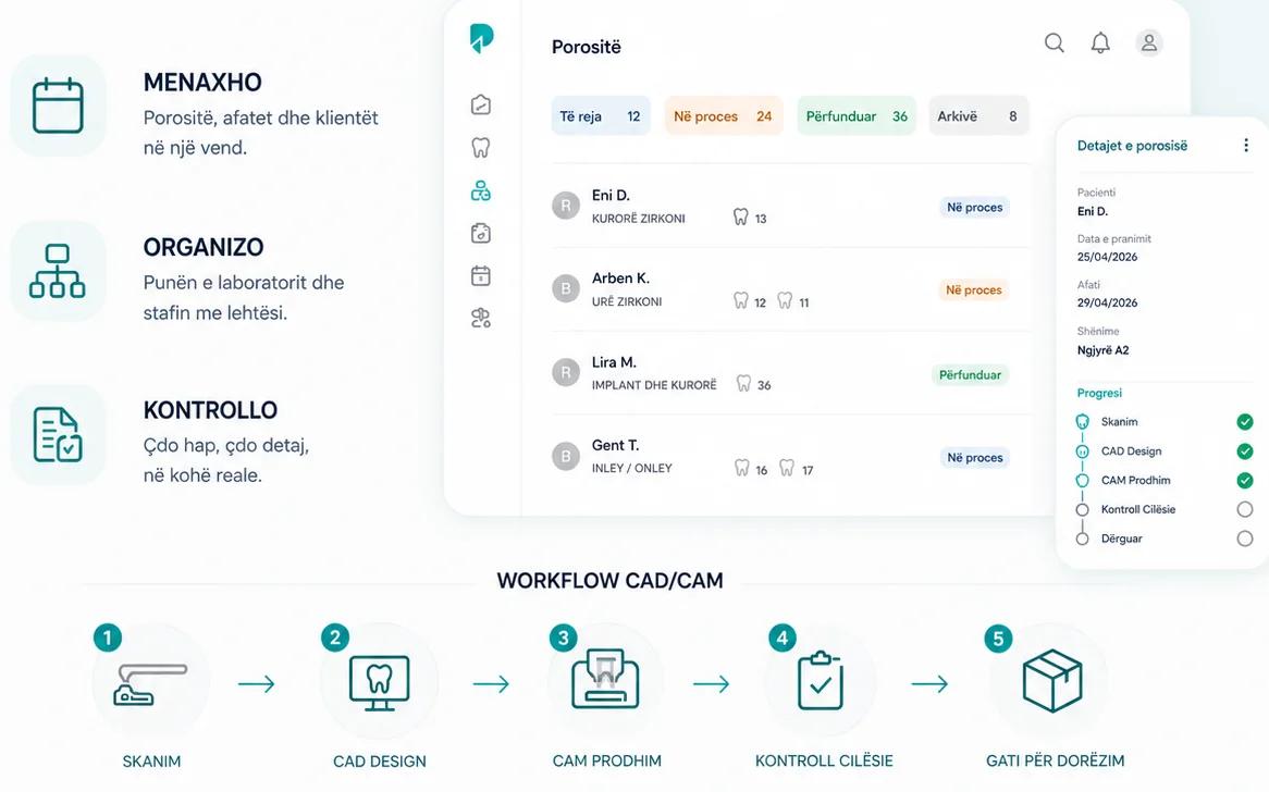 iPacienti dental laboratory orders list with order detail and the CAD/CAM workflow stages