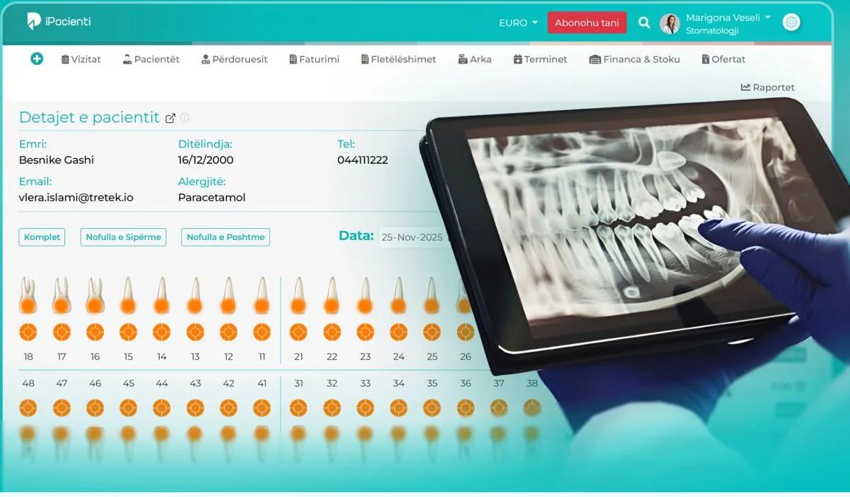 iPacienti patient details with a dental chart, beside a dentist reviewing an X-ray on a tablet