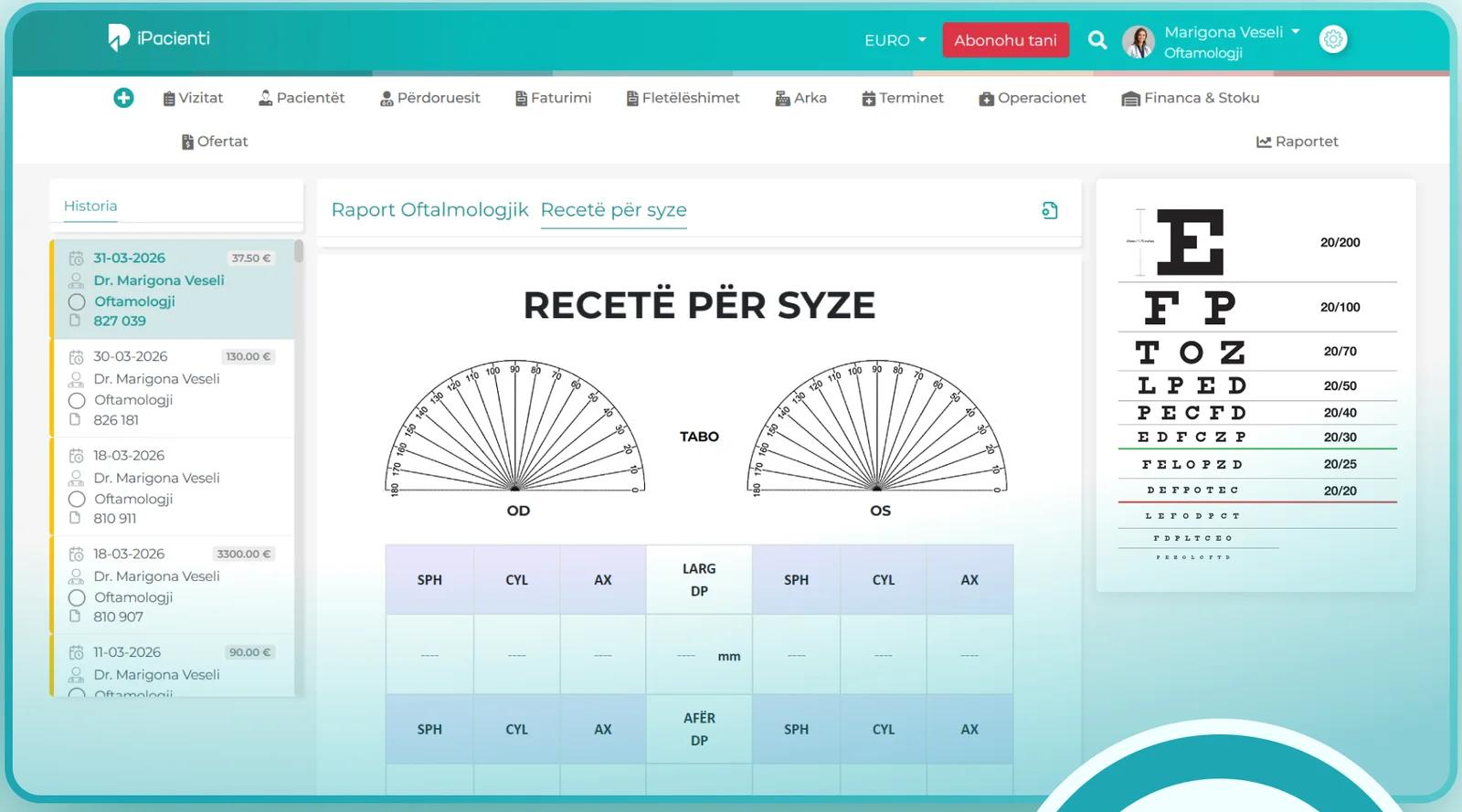 iPacienti ophthalmology screen with a spectacle prescription form and a visual acuity chart