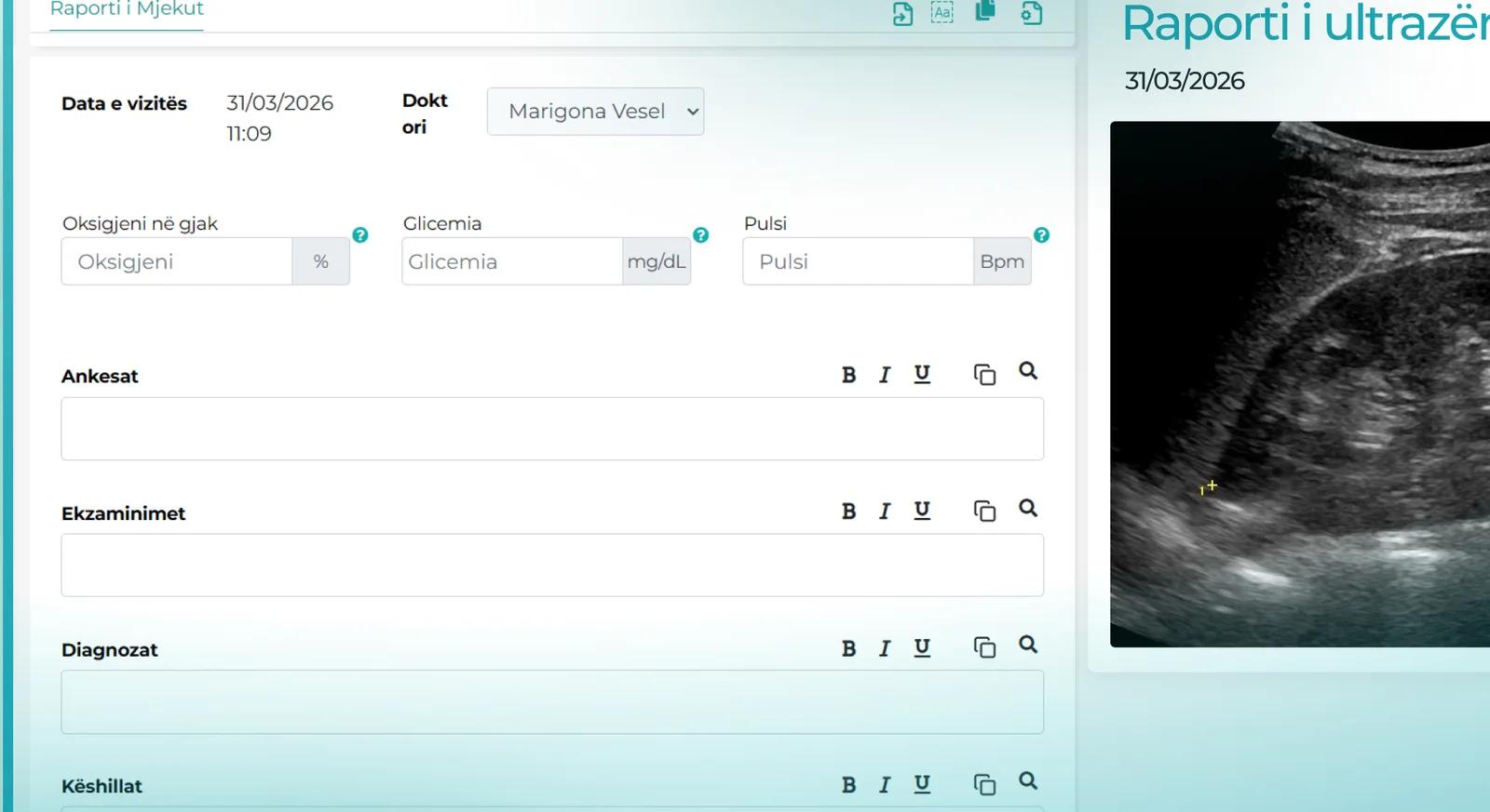 iPacienti urology visit record with vitals and text sections, beside an ultrasound report