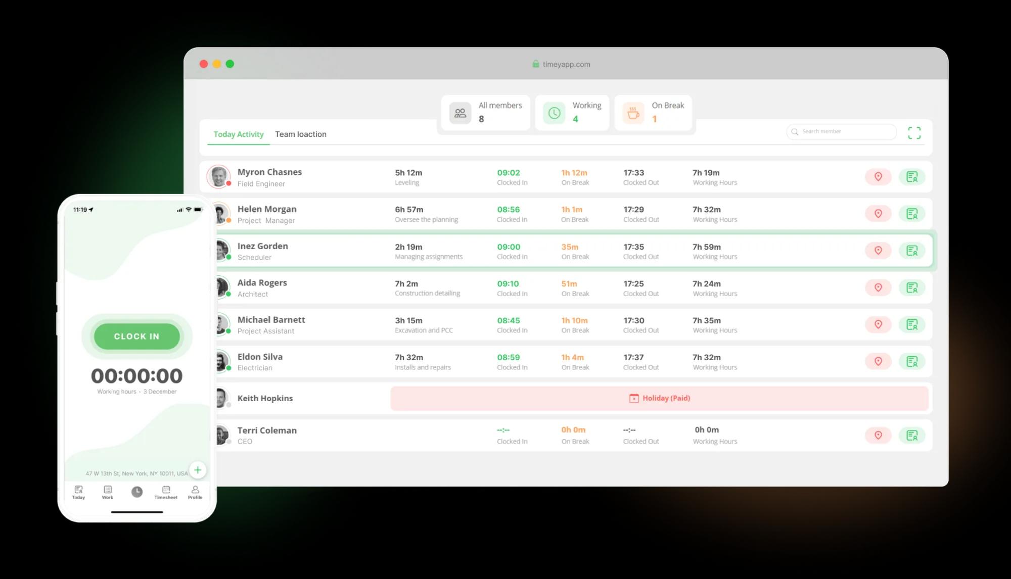 Timey team activity view on the web and the clock-in screen of the mobile app