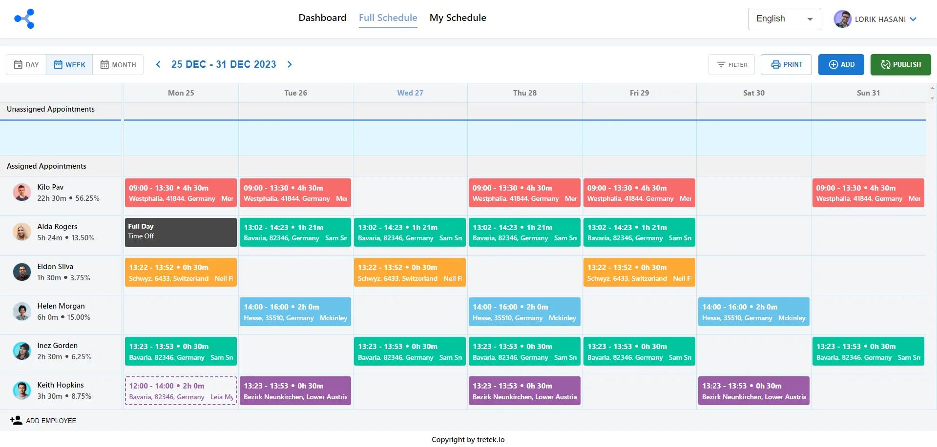 TeamPlaner week schedule with colour-coded appointments for each employee